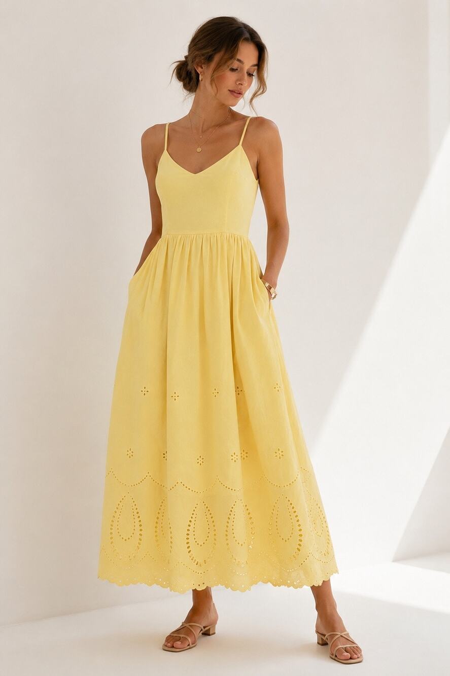 Calypso St. Barth Womens 8 Fit & Flare Dress Empire Waist Eyelet Cotton Yellow